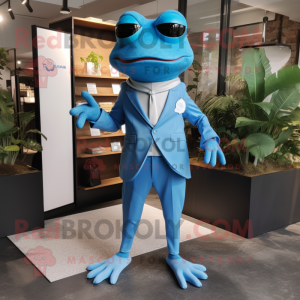 Sky Blue Frog mascot costume character dressed with a Blazer and Belts