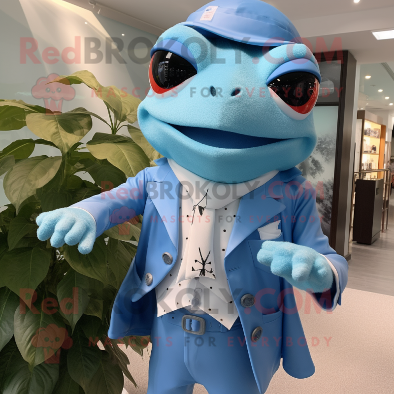 Sky Blue Frog mascot costume character dressed with a Blazer and Belts Sky Blue Frog mascot costume character dressed with a Blazer and Belts
