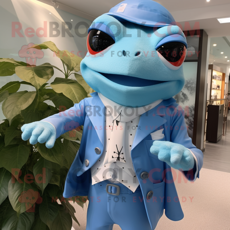 Sky Blue Frog mascot costume character dressed with a Blazer and Belts