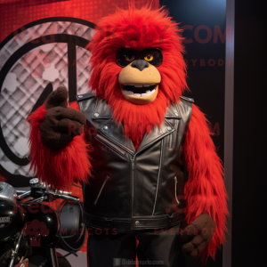 Red Yeti mascot costume character dressed with a Biker Jacket and Tie pins