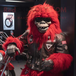 Red Yeti mascot costume character dressed with a Biker Jacket and Tie pins
