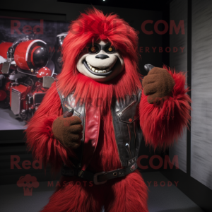 Red Yeti mascot costume character dressed with a Biker Jacket and Tie pins