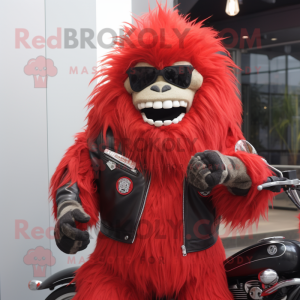 Red Yeti mascot costume character dressed with a Biker Jacket and Tie pins