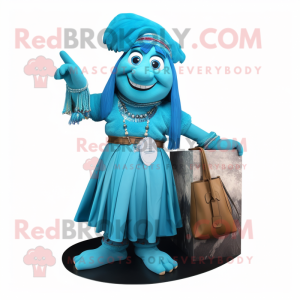 Cyan Chief mascot costume character dressed with a A-Line Dress and Handbags