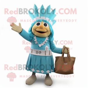 Cyan Chief mascot costume character dressed with a A-Line Dress and Handbags
