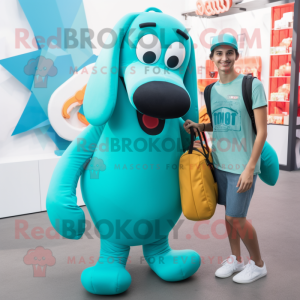 Cyan Hot Dogs mascot costume character dressed with a Jumpsuit and Messenger bags