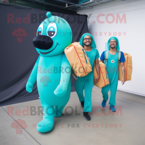 Cyan Hot Dogs mascot costume character dressed with a Jumpsuit and Messenger bags