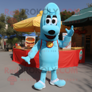 Cyan Hot Dogs mascot costume character dressed with a Jumpsuit and Messenger bags