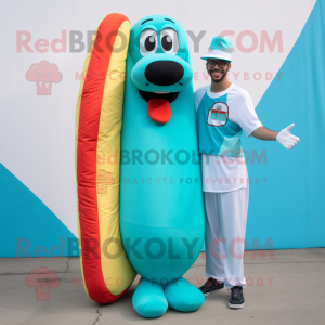 Cyan Hot Dogs mascot costume character dressed with a Jumpsuit and Messenger bags