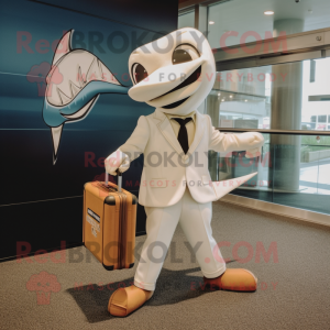 Cream Swordfish mascot costume character dressed with a Dress Pants and Briefcases