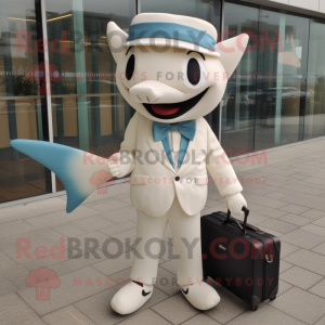 Cream Swordfish mascot costume character dressed with a Dress Pants and Briefcases