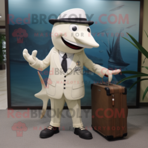 Cream Swordfish mascot costume character dressed with a Dress Pants and Briefcases