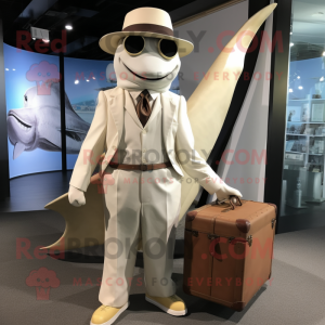 Cream Swordfish mascot costume character dressed with a Dress Pants and Briefcases