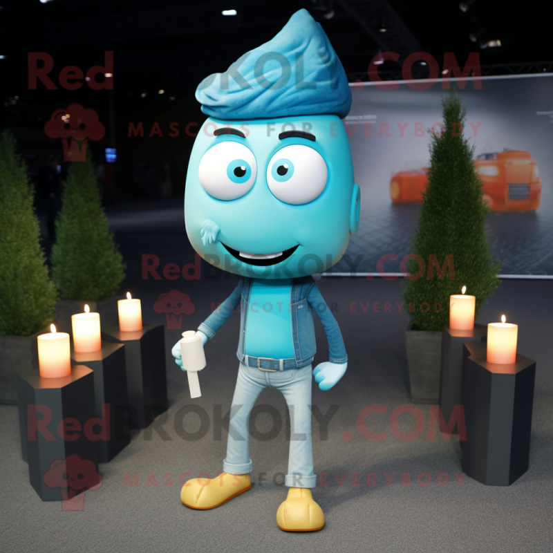Cyan Scented Candle mascot costume character dressed with a Skinny Jeans and Pocket squares