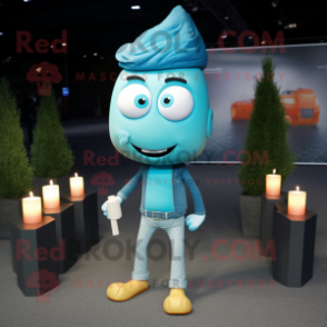 Cyan Scented Candle mascot costume character dressed with a Skinny Jeans and Pocket squares