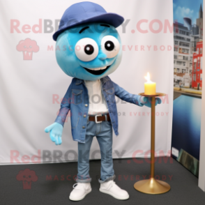 Cyan Scented Candle mascot costume character dressed with a Skinny Jeans and Pocket squares
