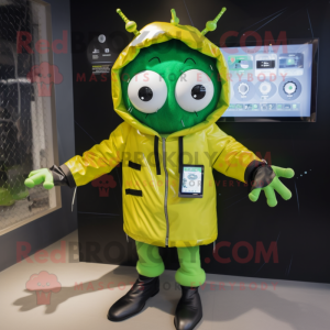 Olive Spider mascot costume character dressed with a Raincoat and Digital watches