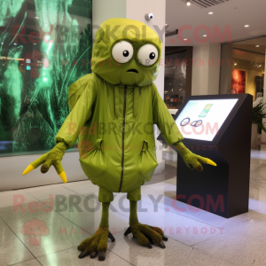 Olive Spider mascot costume character dressed with a Raincoat and Digital watches