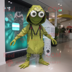 Olive Spider mascot costume character dressed with a Raincoat and Digital watches