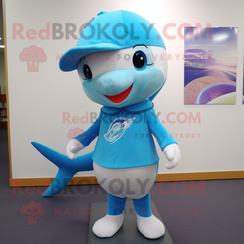 Sky Blue Dolphin mascot costume character dressed with a A-Line Skirt and Beanies Sky Blue Dolphin mascot costume character dressed with a A-Line Skirt and Beanies