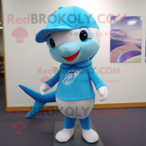 Sky Blue Dolphin mascot costume character dressed with a A-Line Skirt and Beanies