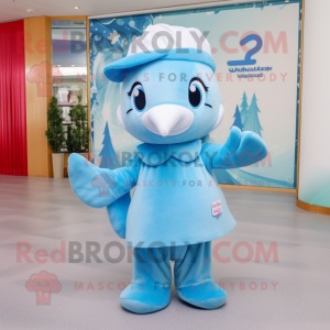 Sky Blue Dolphin mascot costume character dressed with a A-Line Skirt and Beanies