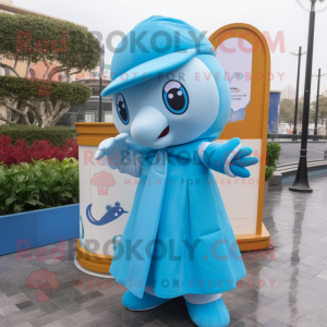 Sky Blue Dolphin mascot costume character dressed with a A-Line Skirt and Beanies
