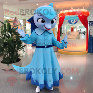 Sky Blue Dolphin mascot costume character dressed with a A-Line Skirt and Beanies