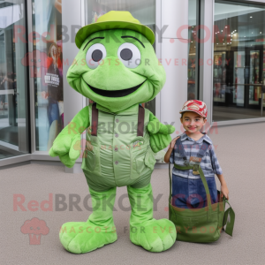 Lime Green Green Beret mascot costume character dressed with a Mom Jeans and Tote bags