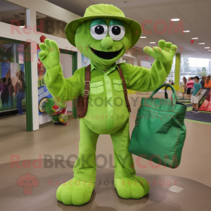 Lime Green Green Beret mascot costume character dressed with a Mom Jeans and Tote bags