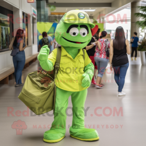 Lime Green Green Beret mascot costume character dressed with a Mom Jeans and Tote bags