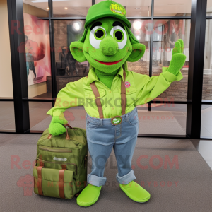 Lime Green Green Beret mascot costume character dressed with a Mom Jeans and Tote bags