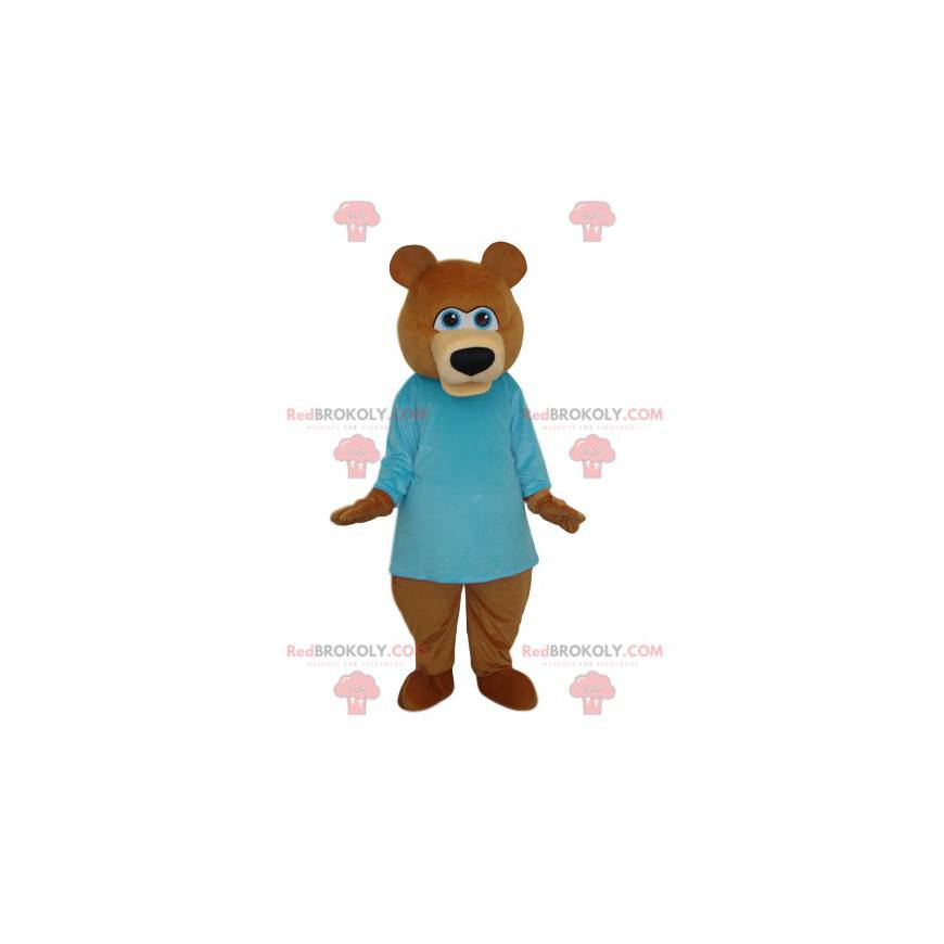 Brun bjørnemaskot med en blå trøje - Redbrokoly.com