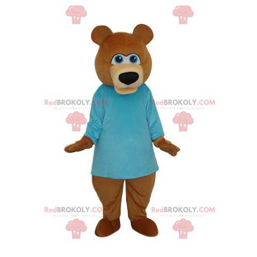 Mascotte d'ours marron avec un maillot bleu - Redbrokoly.com