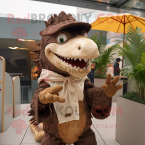 Brown Spinosaurus mascot costume character dressed with a Parka and Hair clips