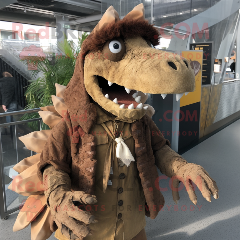 Brown Spinosaurus mascot costume character dressed with a Parka and Hair clips Brown Spinosaurus mascot costume character dressed with a Parka and Hair clips