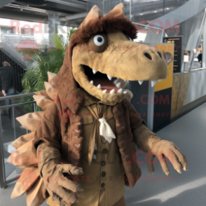 Brown Spinosaurus mascot costume character dressed with a Parka and Hair clips