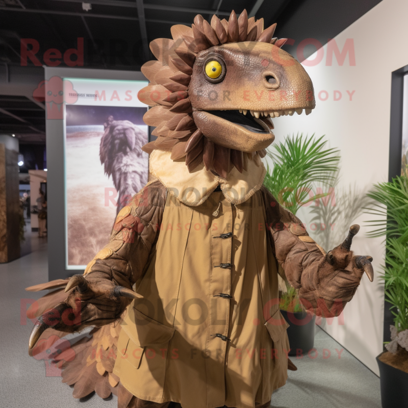 Brown Spinosaurus mascot costume character dressed with a Parka and Hair clips