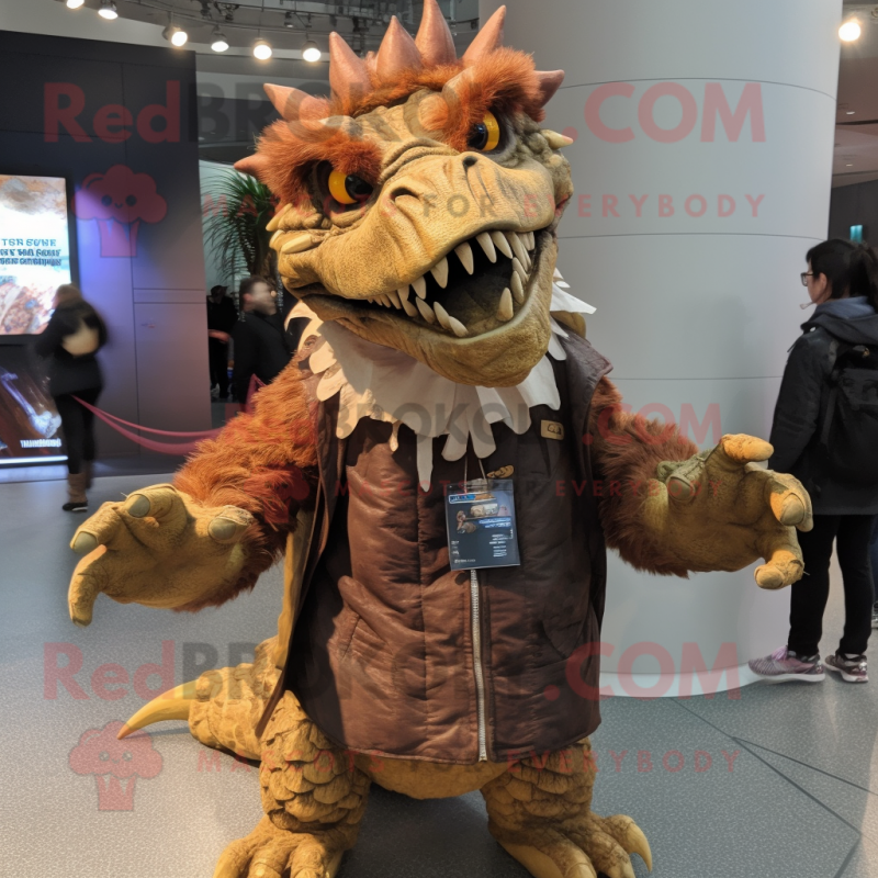Brown Spinosaurus mascot costume character dressed with a Parka and Hair clips Brown Spinosaurus mascot costume character dressed with a Parka and Hair clips