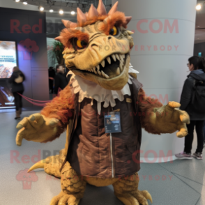 Brown Spinosaurus mascot costume character dressed with a Parka and Hair clips