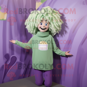 Lavender Pesto Pasta mascot costume character dressed with a Sweatshirt and Hair clips