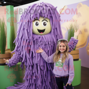 Lavender Pesto Pasta mascot costume character dressed with a Sweatshirt and Hair clips