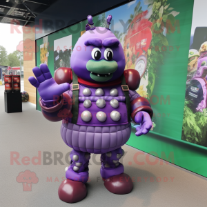 Purple Grenade mascot costume character dressed with a Waistcoat and Gloves