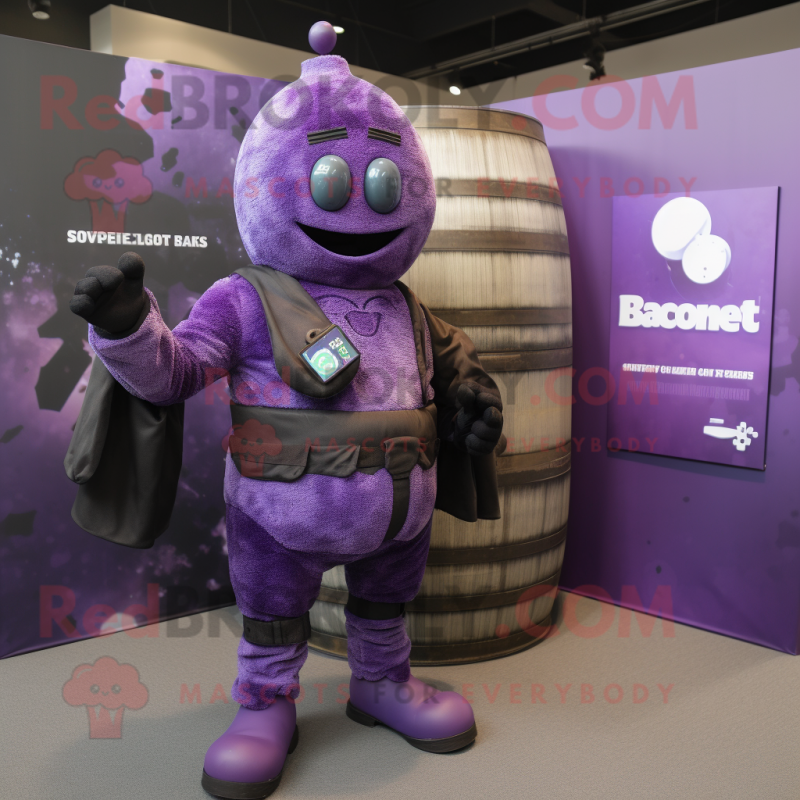 Purple Grenade mascot costume character dressed with a Waistcoat and Gloves