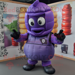 Purple Grenade mascot costume character dressed with a Waistcoat and Gloves