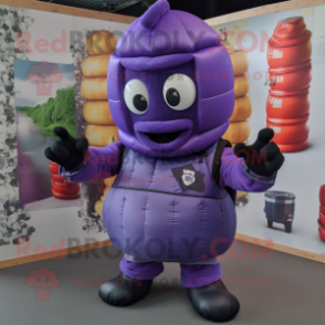 Purple Grenade mascot costume character dressed with a Waistcoat and Gloves