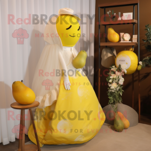 Yellow Lemon mascot costume character dressed with a Wedding Dress and Handbags