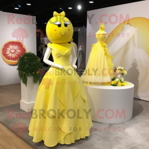 Yellow Lemon mascot costume character dressed with a Wedding Dress and Handbags