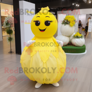 Yellow Lemon mascot costume character dressed with a Wedding Dress and Handbags