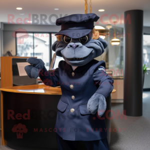 Navy Gargoyle mascot costume character dressed with a Pencil Skirt and Hats